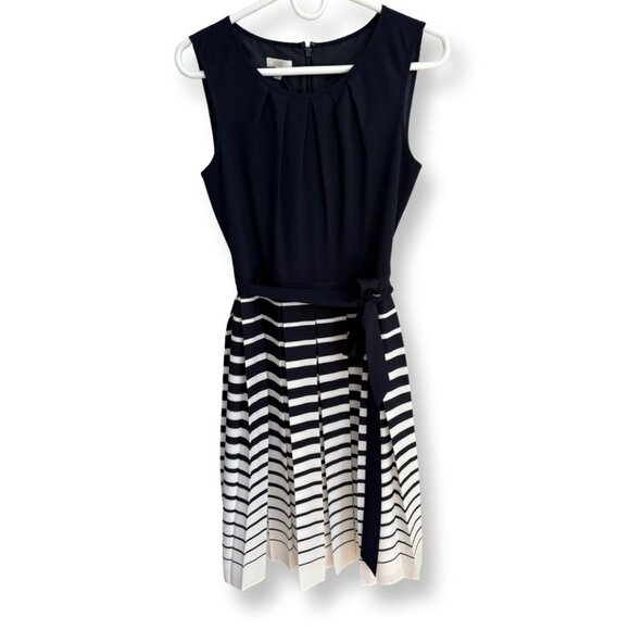 Talbots NWT Navy + White Striped Sleeveless Dress with Pleated Skirt Size 4 - Picture 2 of 13